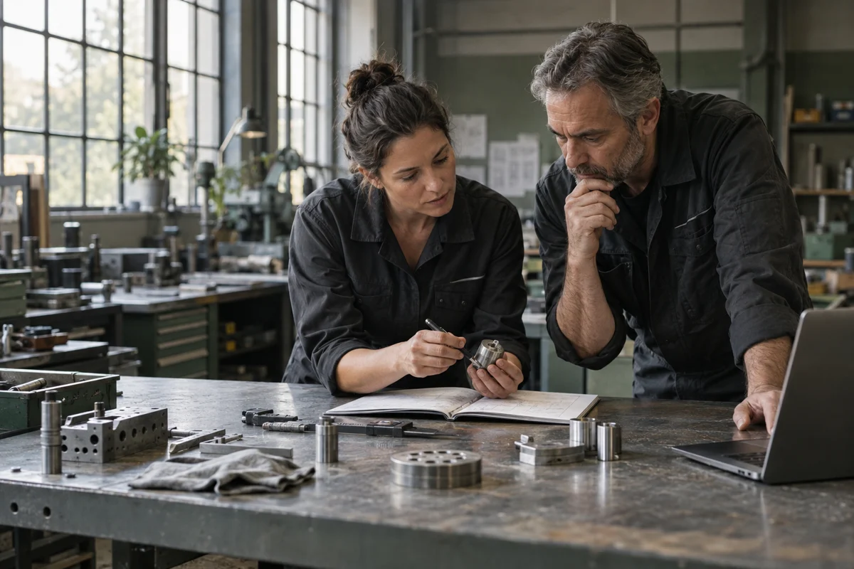 Zwei Fachleute prüfen gemeinsam ein Bauteil am Arbeitstisch.